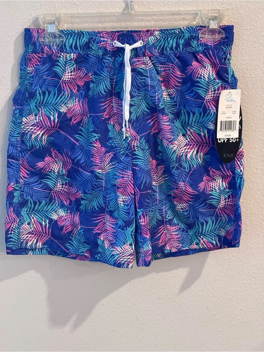 Boys Sol Swim Tropical Swim Trunks, Blue with Pink & Teal Accents, 8 Husky, NWT